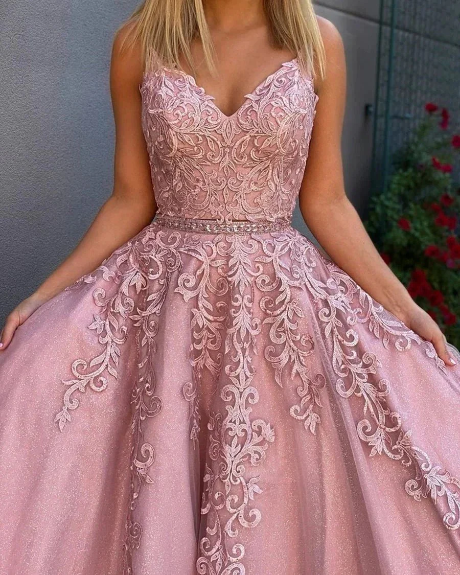 A Line V Neck Tulle Lace Appliques Long Formal Prom Dresses with Belt - Image 2