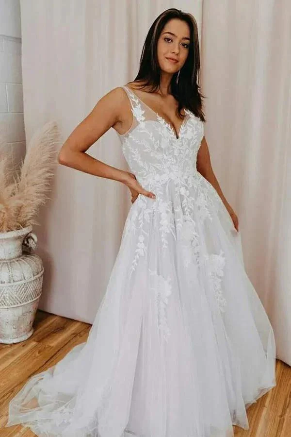 A-line V Neck Tulle Lace Appliques Romantic Wedding Dress Bridal Gown WD480 - Image 2