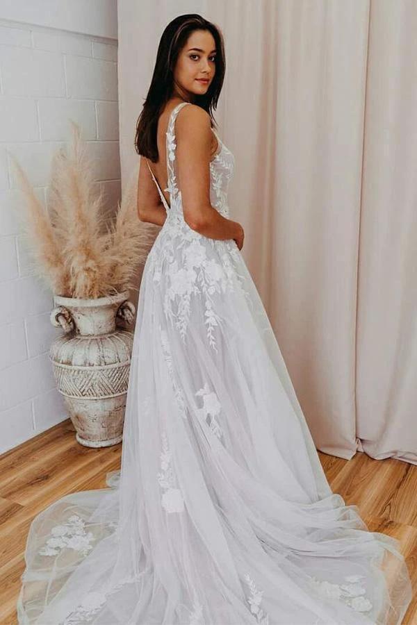 A-line V Neck Tulle Lace Appliques Romantic Wedding Dress Bridal Gown WD480 - Image 4