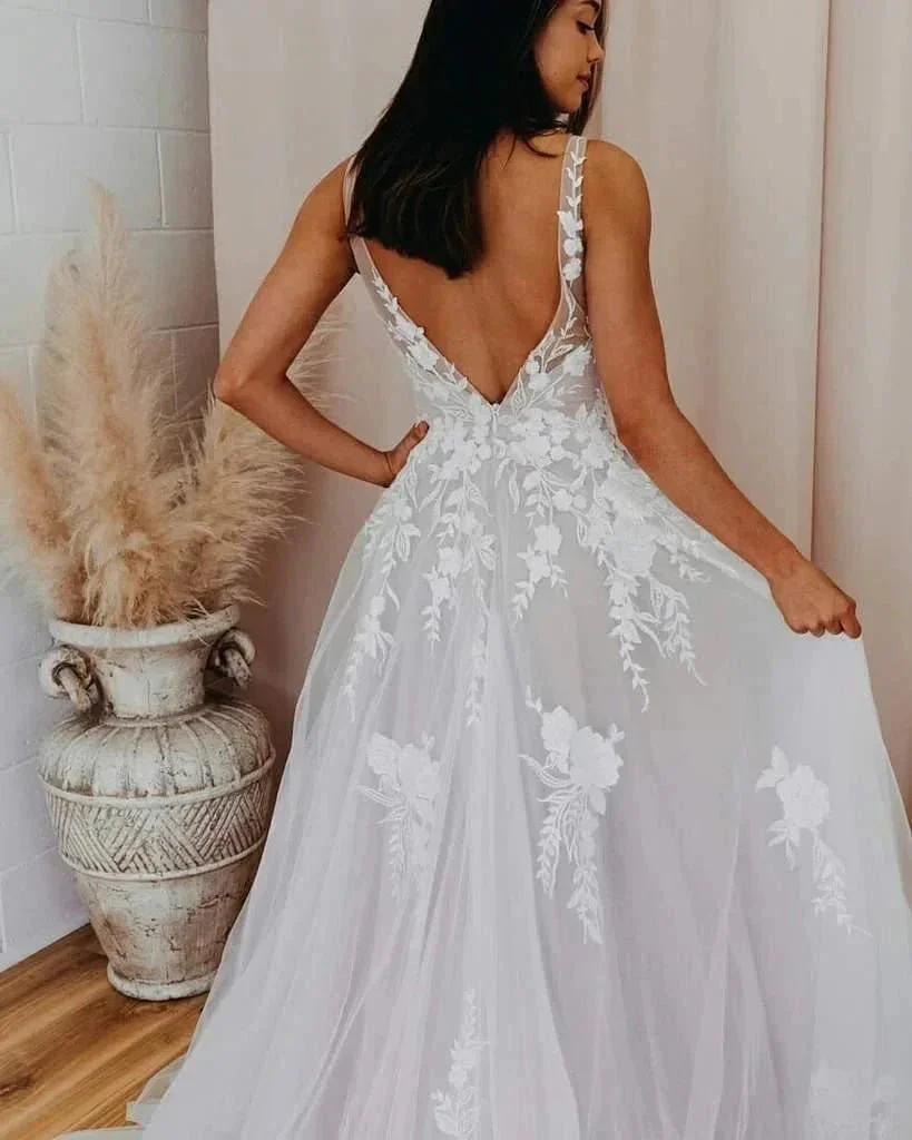 A-line V Neck Tulle Lace Appliques Romantic Wedding Dress Bridal Gown WD480 - Image 5