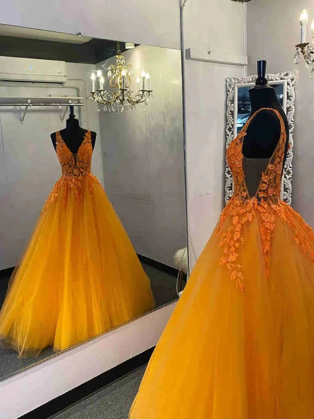 A-line V-neck Tulle Lace Backless Formal Prom Dresses Long Graduation Dress - Image 2