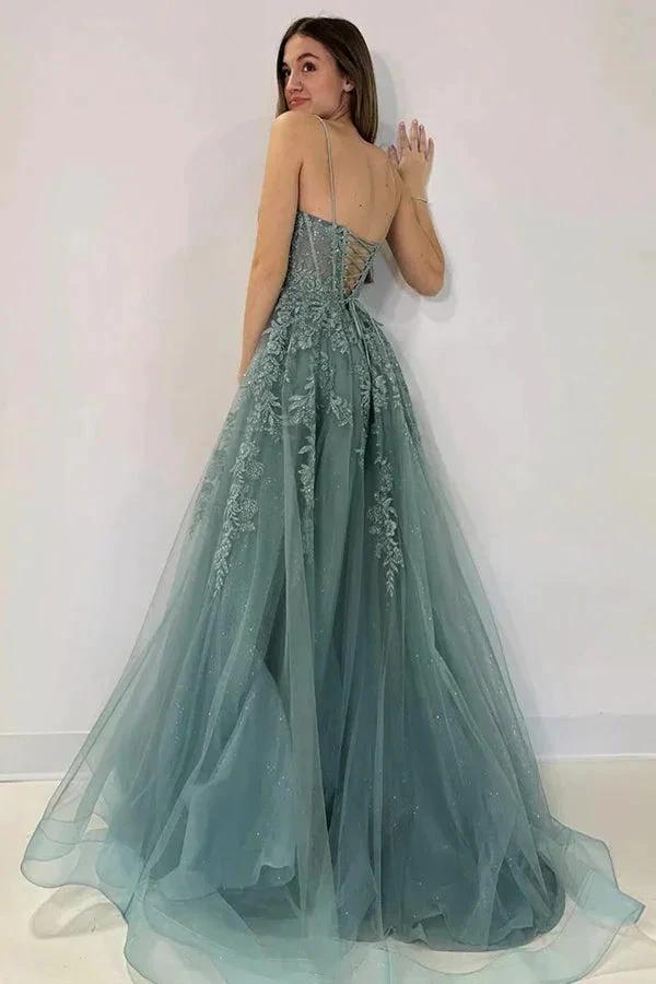 A-Line V Neck Tulle Lace Gray Green Long Prom Dress  PSK506 - Image 2