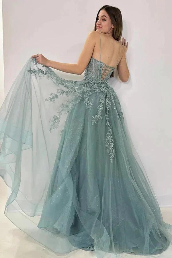 A-Line V Neck Tulle Lace Gray Green Long Prom Dress  PSK506 - Image 3