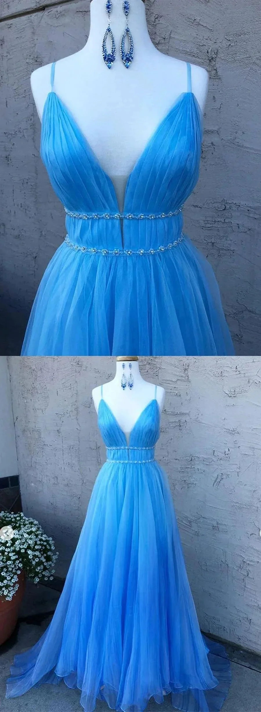 A Line V Neck Tulle Long Prom Dresses with Thin Belt Blue Formal Evening Gowns - Image 2