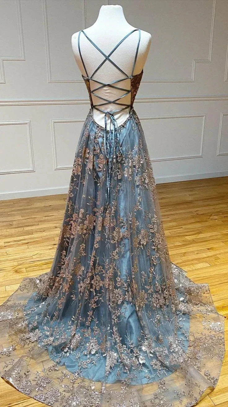 A-Line V Neck Tulle Sequin Long Prom Dress Backless Long Evening Dresses Y5620 - Image 2