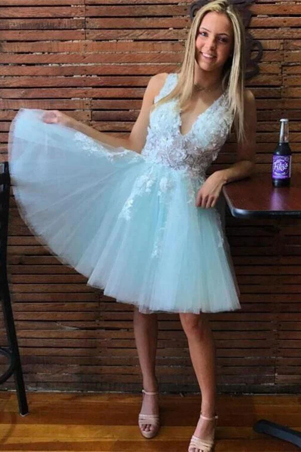 A-line V Neck Tulle Short Pink and White Homecoming Dress Short Prom Dress PD350 - Image 2