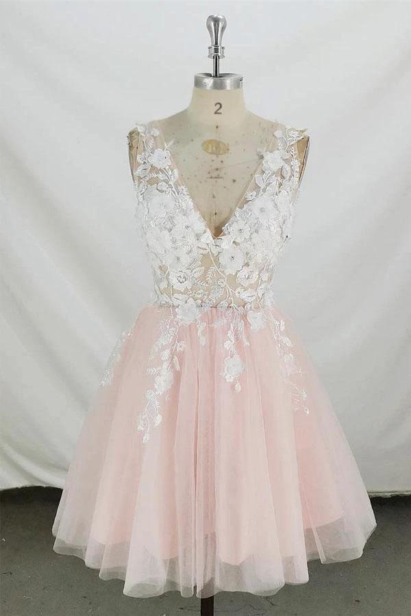 A-line V Neck Tulle Short Pink and White Homecoming Dress Short Prom Dress PD350 - Image 3