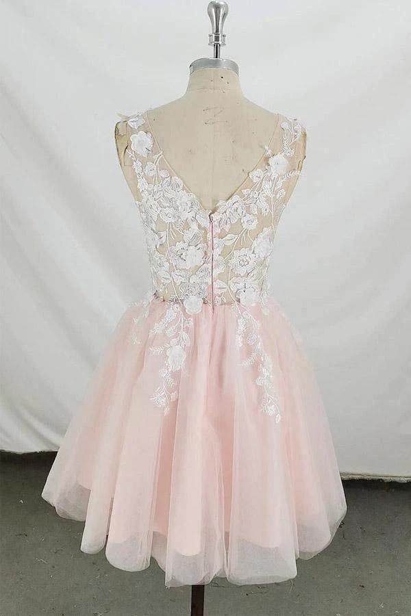 A-line V Neck Tulle Short Pink and White Homecoming Dress Short Prom Dress PD350 - Image 4