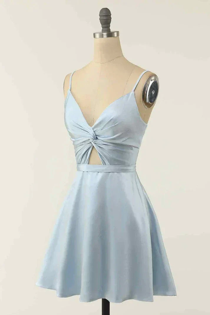 A-line V Neck Twist Knot Cut-Out Pleated Mini Homecoming Dress Y1866 - Image 2