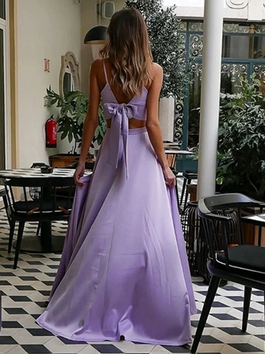 A Line V Neck Two Pieces Long Formal Evening Prom Dresses with High Slit - Image 2