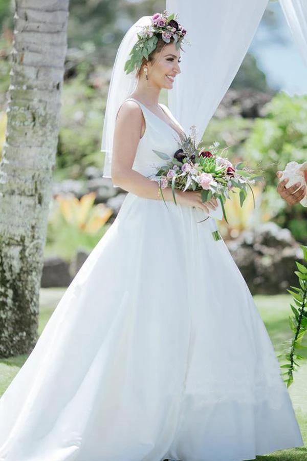 A Line V Neckline Pleated Waistband Simple Satin Wedding Bridal Dress  WD482 - Image 3