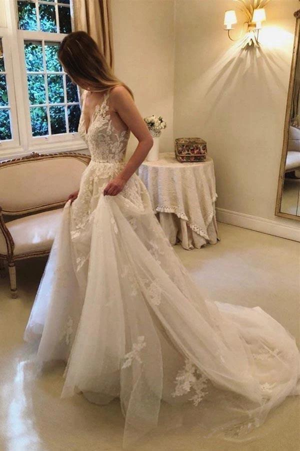 A-line Vintage Rustic Wedding Dresses V Neck Beaded Lace Bridal Gown  WD351 - Image 2