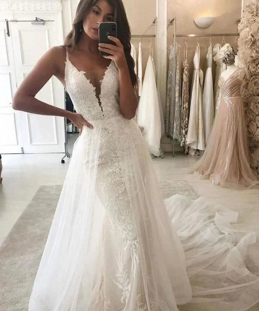 Mermaid Garden Bridal Gown Wedding Dress V-Neck Straps Detachable Train - Image 2