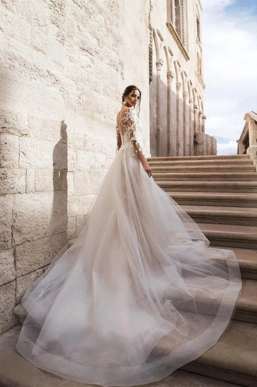 Elegant A-Line Lace Long Sleeves Wedding Dress With Detachable Train - Image 3