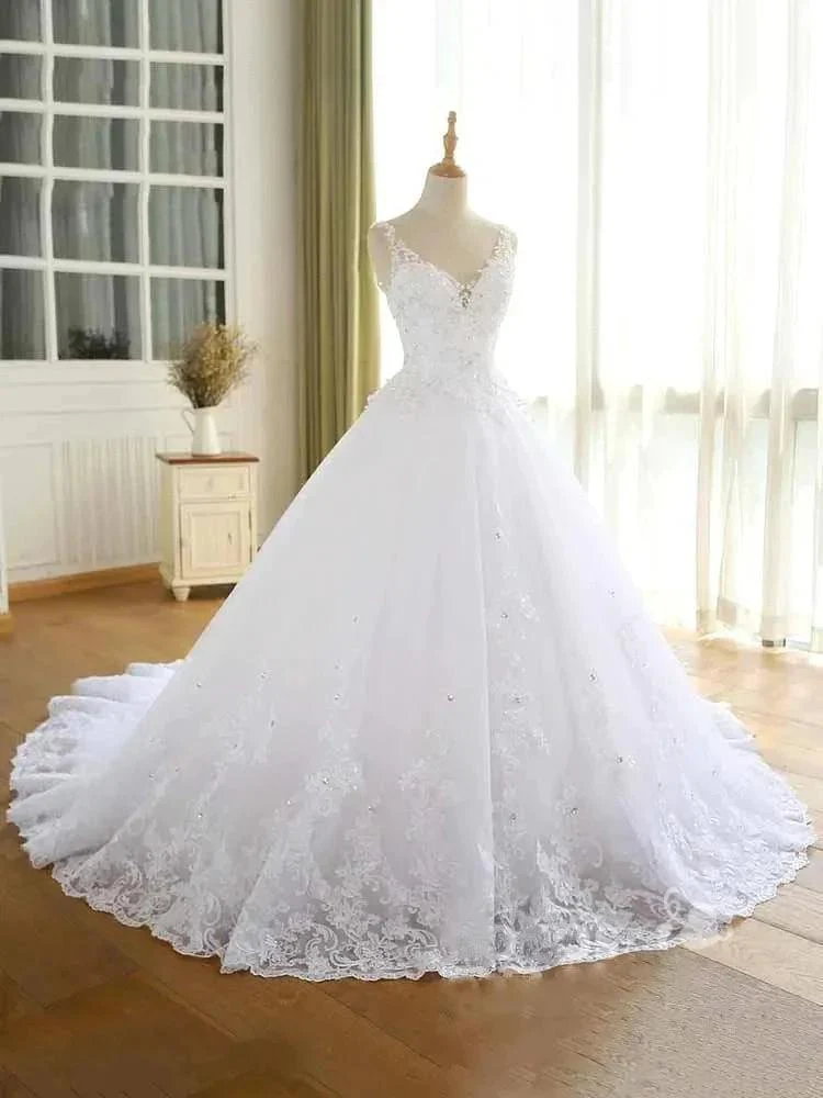 Gorgeous Lace Beaded Wedding Dress New Arrival V-Neck Straps Long Princess Wedding Party Bridal Dress - Image 3
