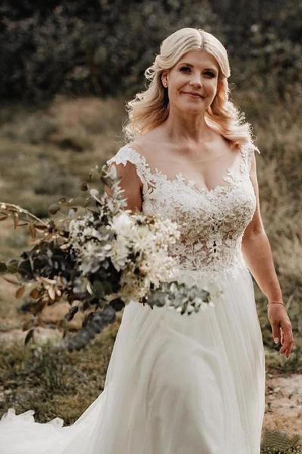 A-Line Wedding Gown with Illusion Neck With Back Lace Appliqued  WD441 - Image 2