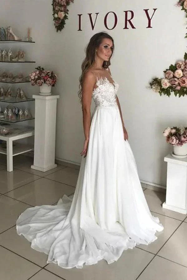 A-Line White Chiffon Appliques See Through Boho Wedding Dress WD344 - Image 2