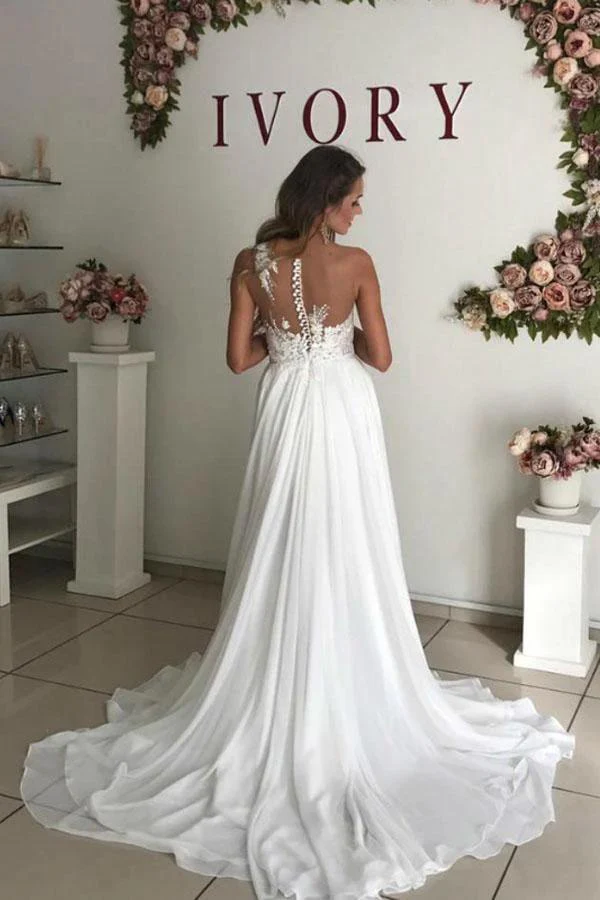 A-Line White Chiffon Appliques See Through Boho Wedding Dress WD344 - Image 3