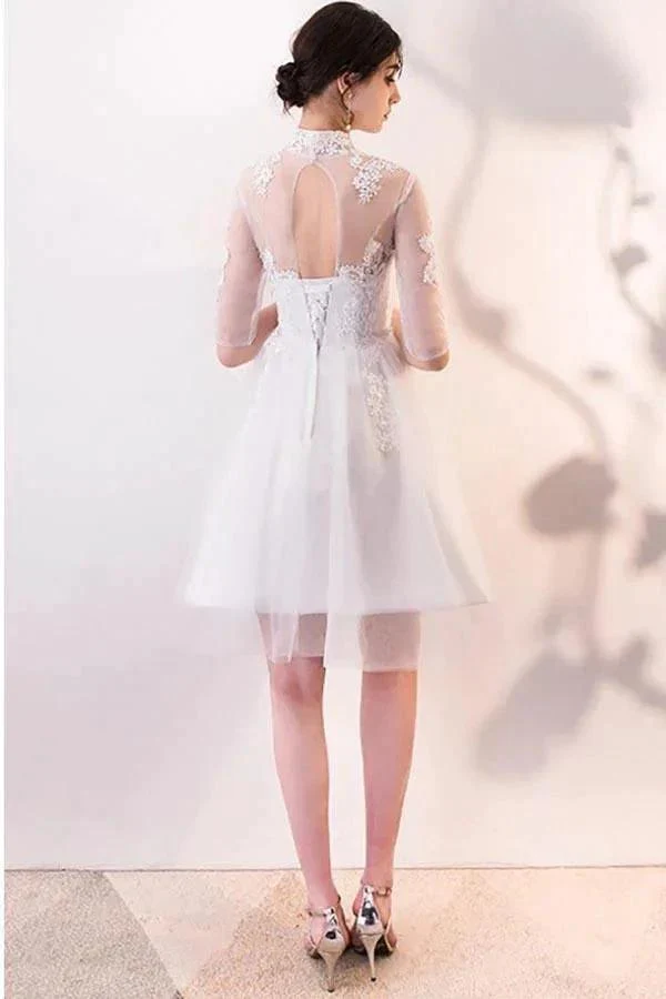 A-line White Lace and Tulle Homecoming Dresses Party Dress with Sleeves PD062 - Image 2