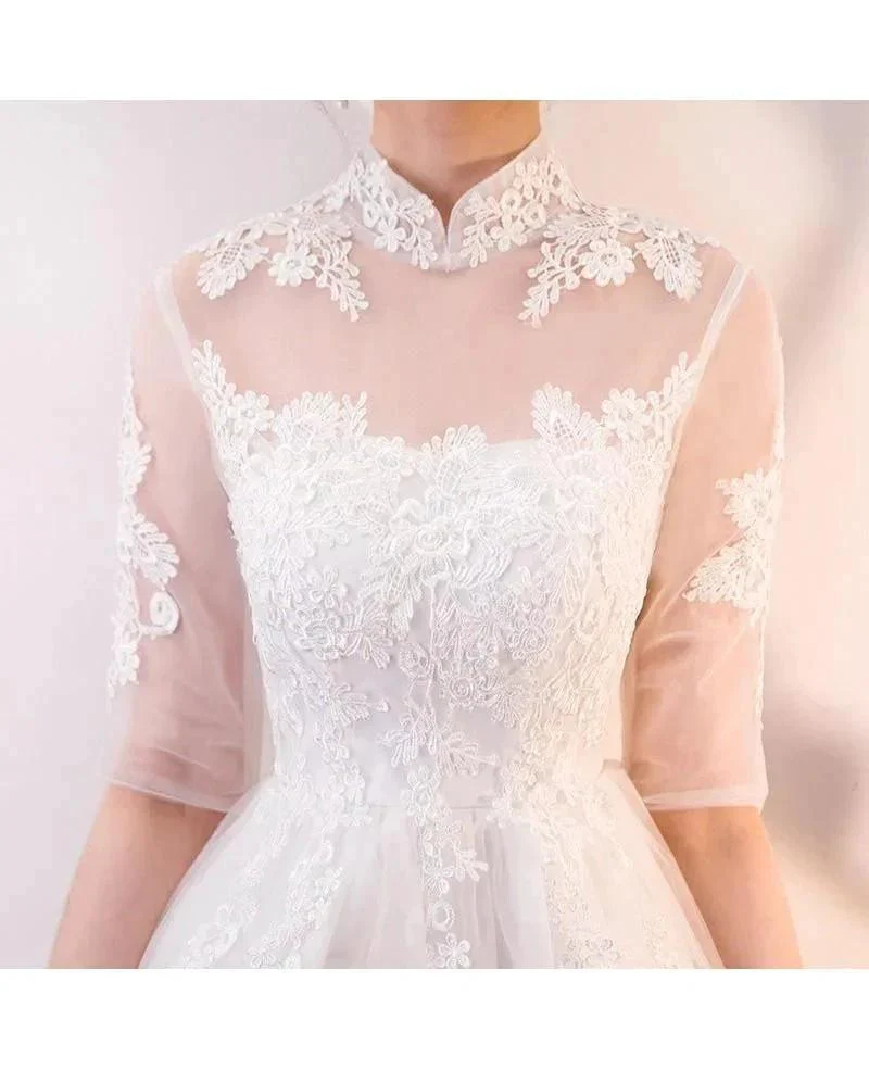 A-line White Lace and Tulle Homecoming Dresses Party Dress with Sleeves PD062 - Image 3