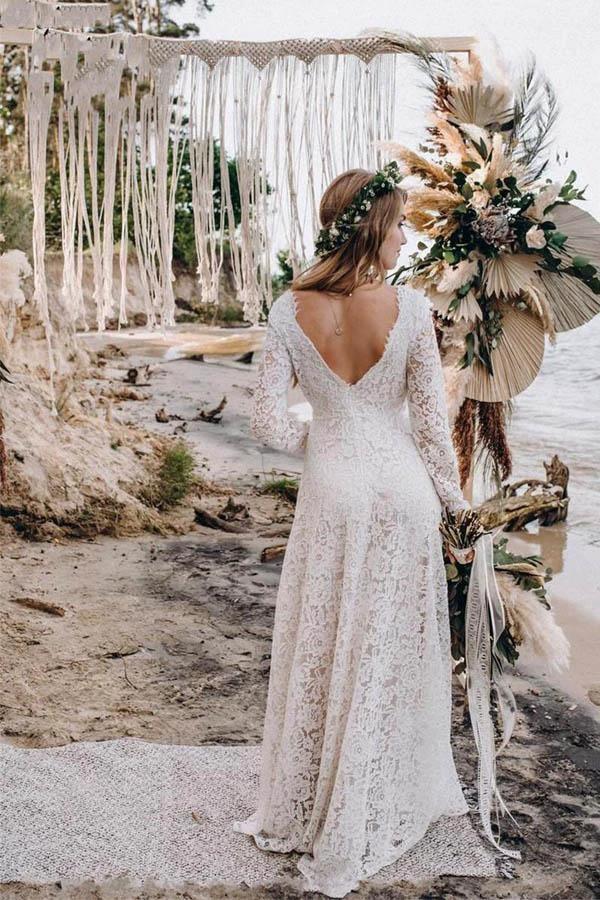 A-Line White Lace Floor-Length Wedding Dress With Long Sleeves WD542 - Image 2
