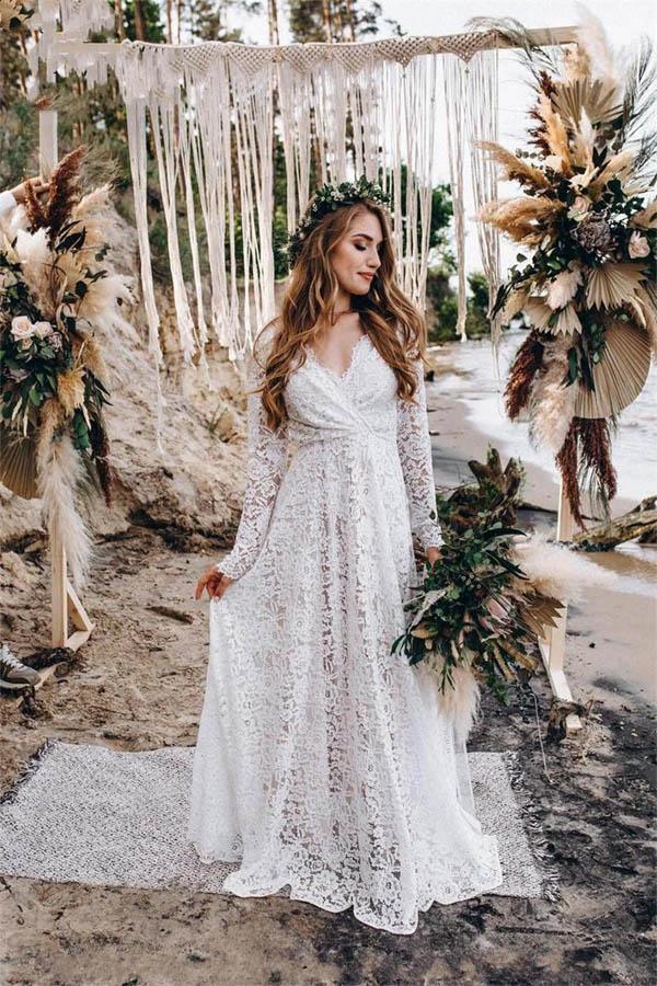 A-Line White Lace Floor-Length Wedding Dress With Long Sleeves WD542 - Image 3