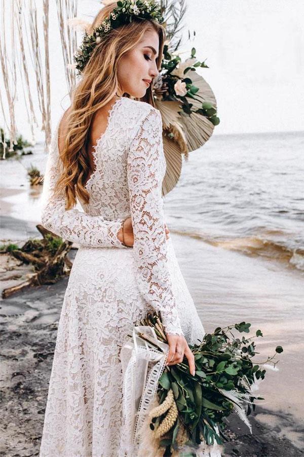 A-Line White Lace Floor-Length Wedding Dress With Long Sleeves WD542 - Image 4