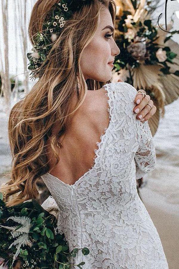 A-Line White Lace Floor-Length Wedding Dress With Long Sleeves WD542 - Image 5