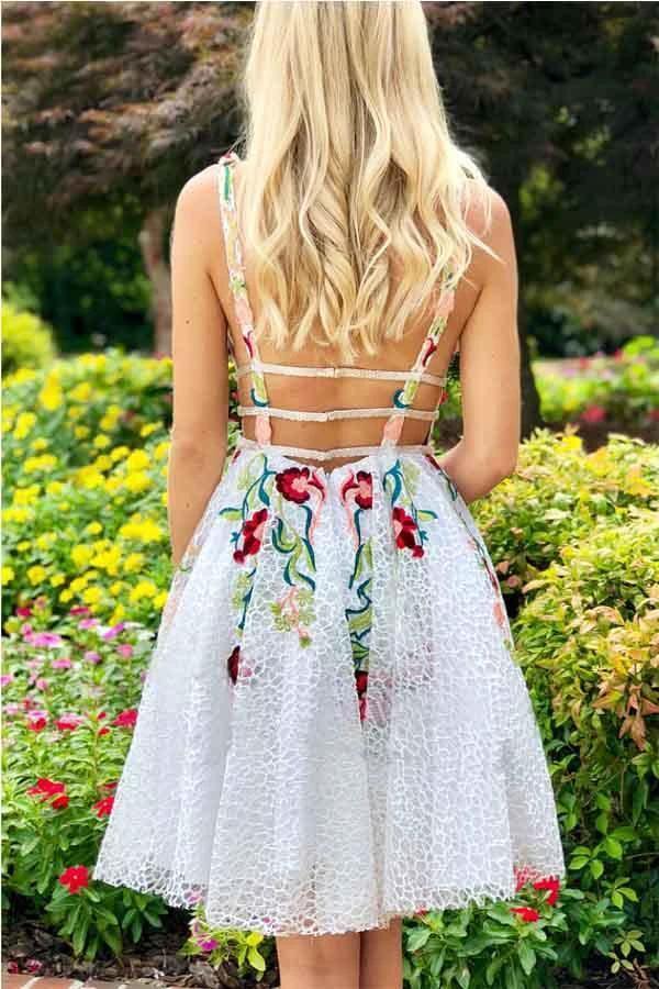 A-line White Short Prom Dress Homecoming Dress with Floral  PD248 - Image 3