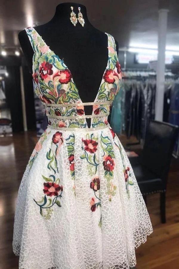 A-line White Short Prom Dress Homecoming Dress with Floral  PD248 - Image 4