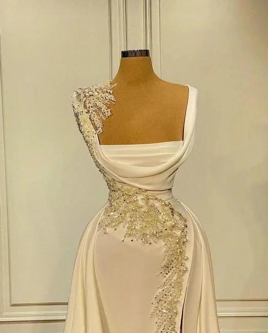 A-Line Wide Straps Square Neckline Beading Prom Dress With Side Slit - Image 2