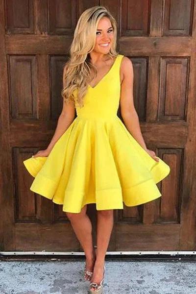 A Line Yellow V Neck Sleeveless Short Homecoming Dresses - Image 2