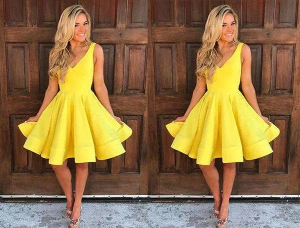 A Line Yellow V Neck Sleeveless Short Homecoming Dresses - Image 3