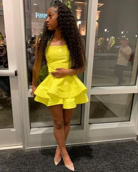 A-line Yellow Satin Short Homecoming Dress 8th Grade Prom Y497 - Image 2