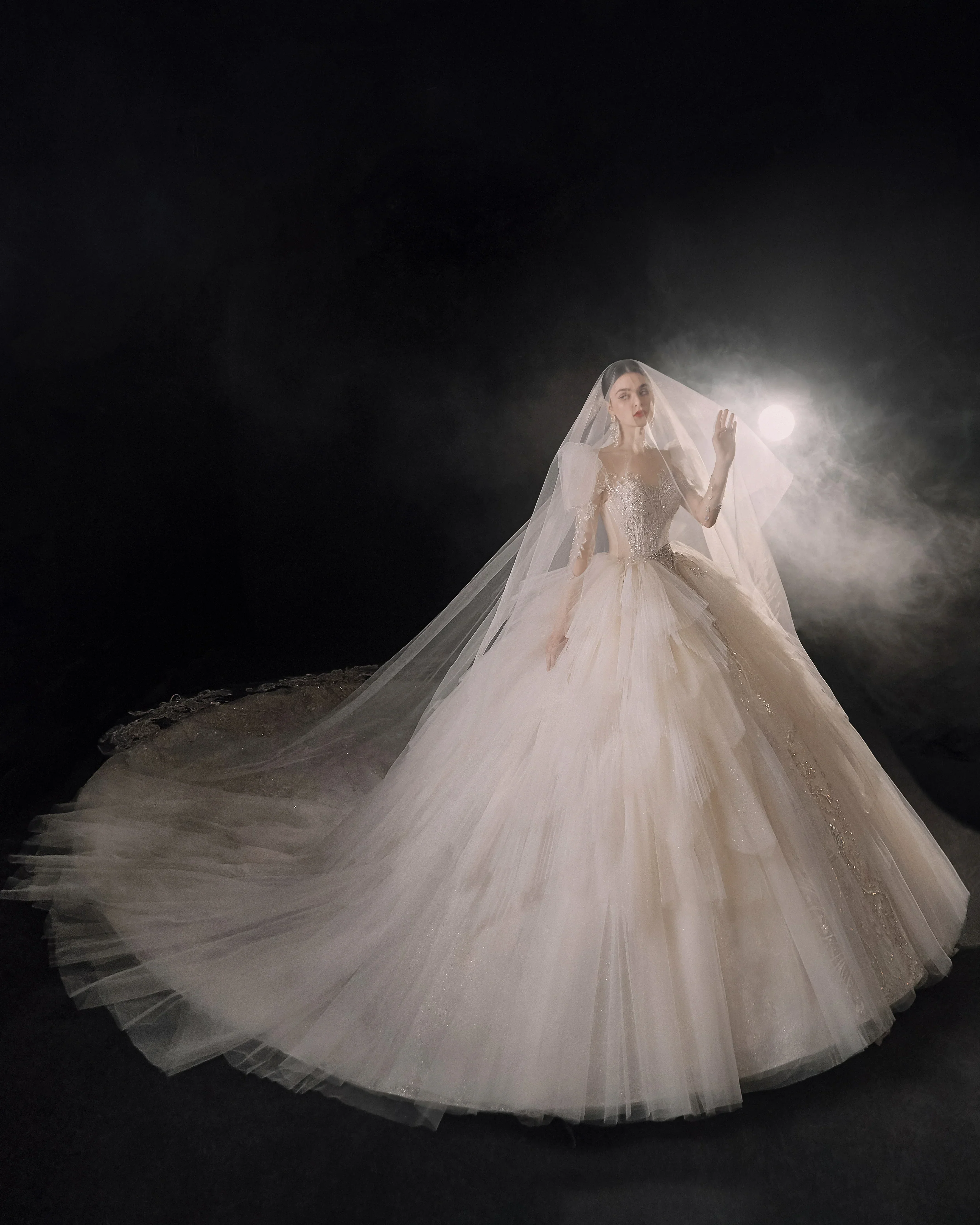 Magnificent Off-the-Shoulder Ball Gown Sweetheart Neckline Tulle Puff Sleeve Beaded Lace Long-Sleeve Wedding Dress with Layered Train E-301 - Image 10