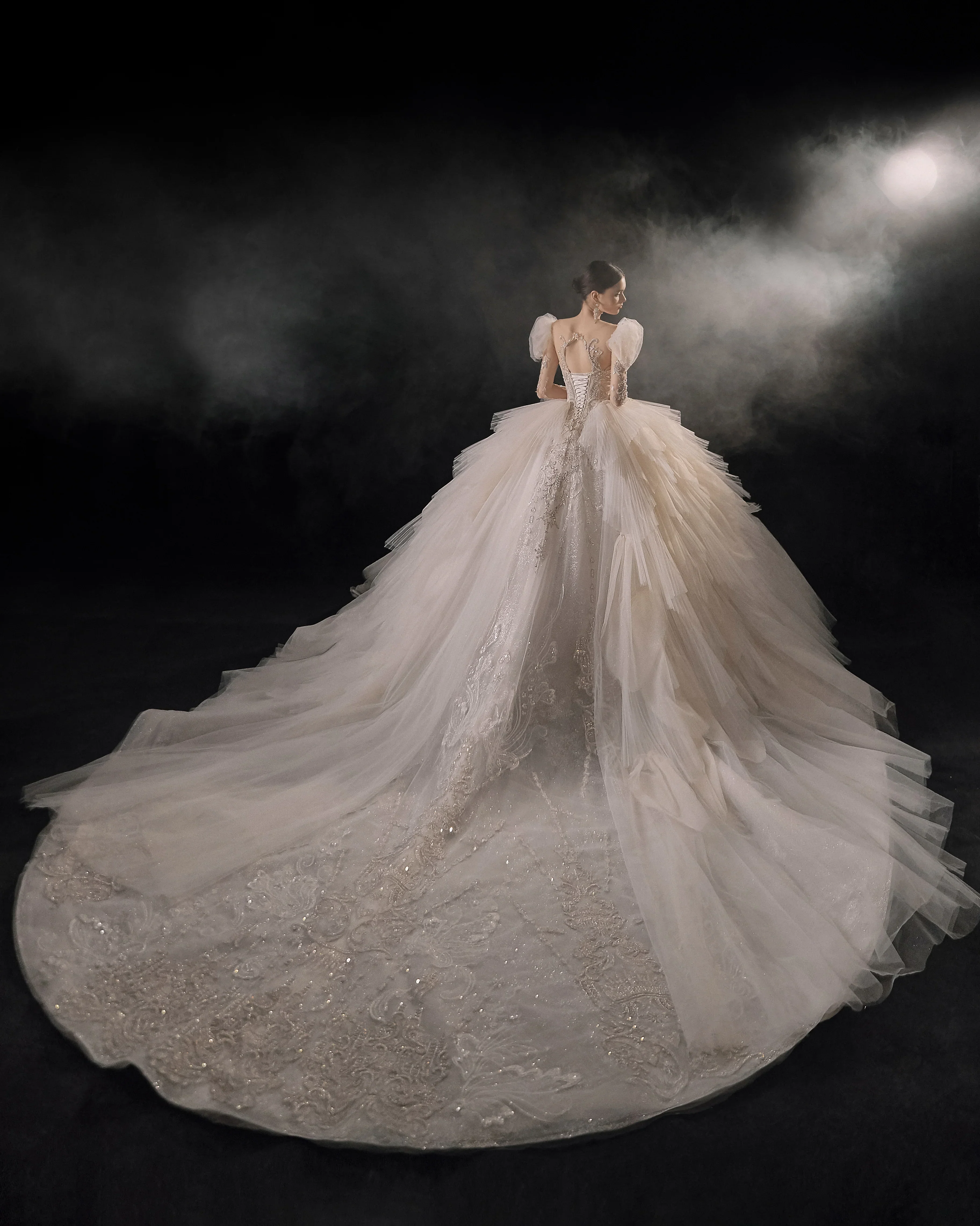 Magnificent Off-the-Shoulder Ball Gown Sweetheart Neckline Tulle Puff Sleeve Beaded Lace Long-Sleeve Wedding Dress with Layered Train E-301 - Image 11