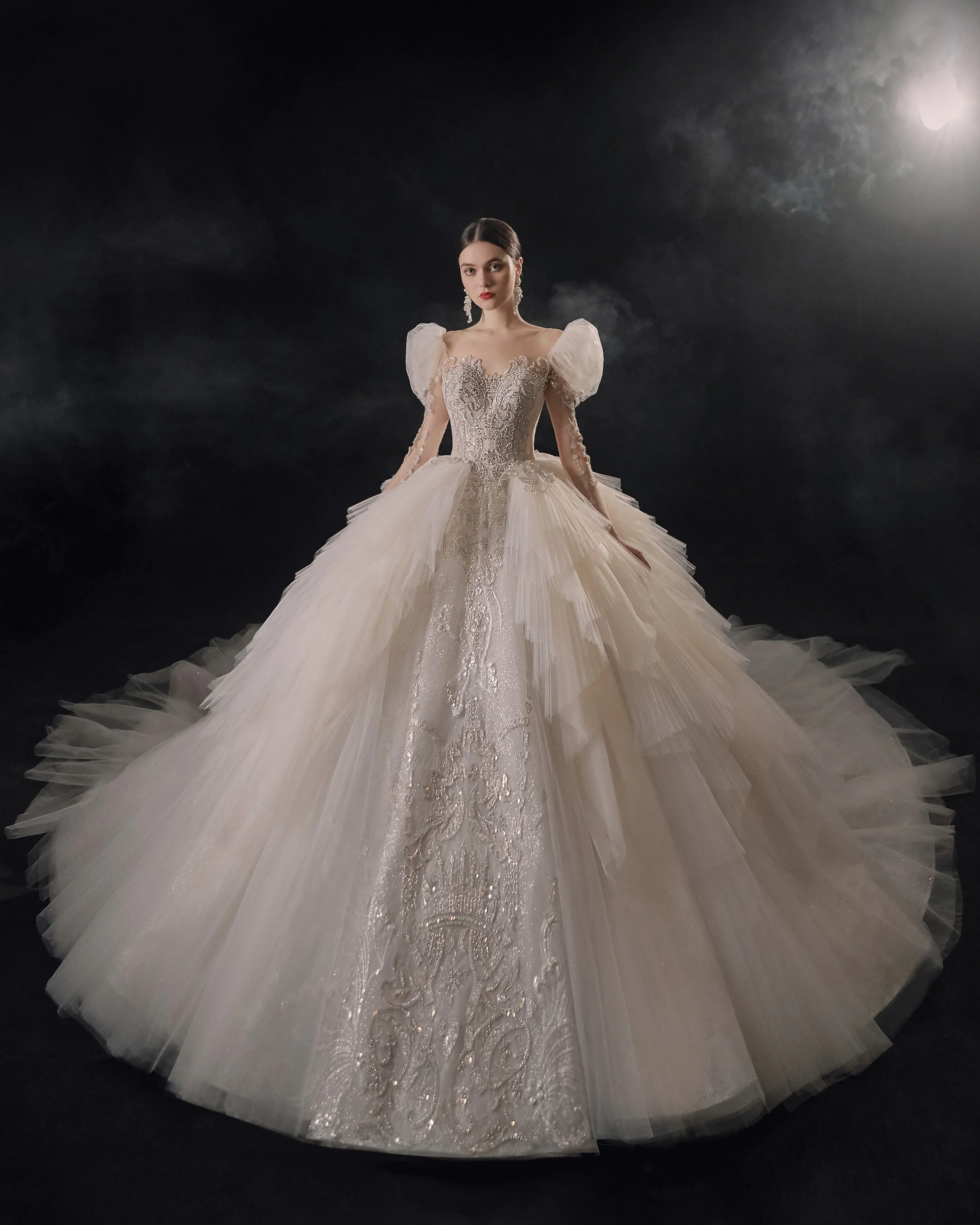 Magnificent Off-the-Shoulder Ball Gown Sweetheart Neckline Tulle Puff Sleeve Beaded Lace Long-Sleeve Wedding Dress with Layered Train E-301 - Image 2