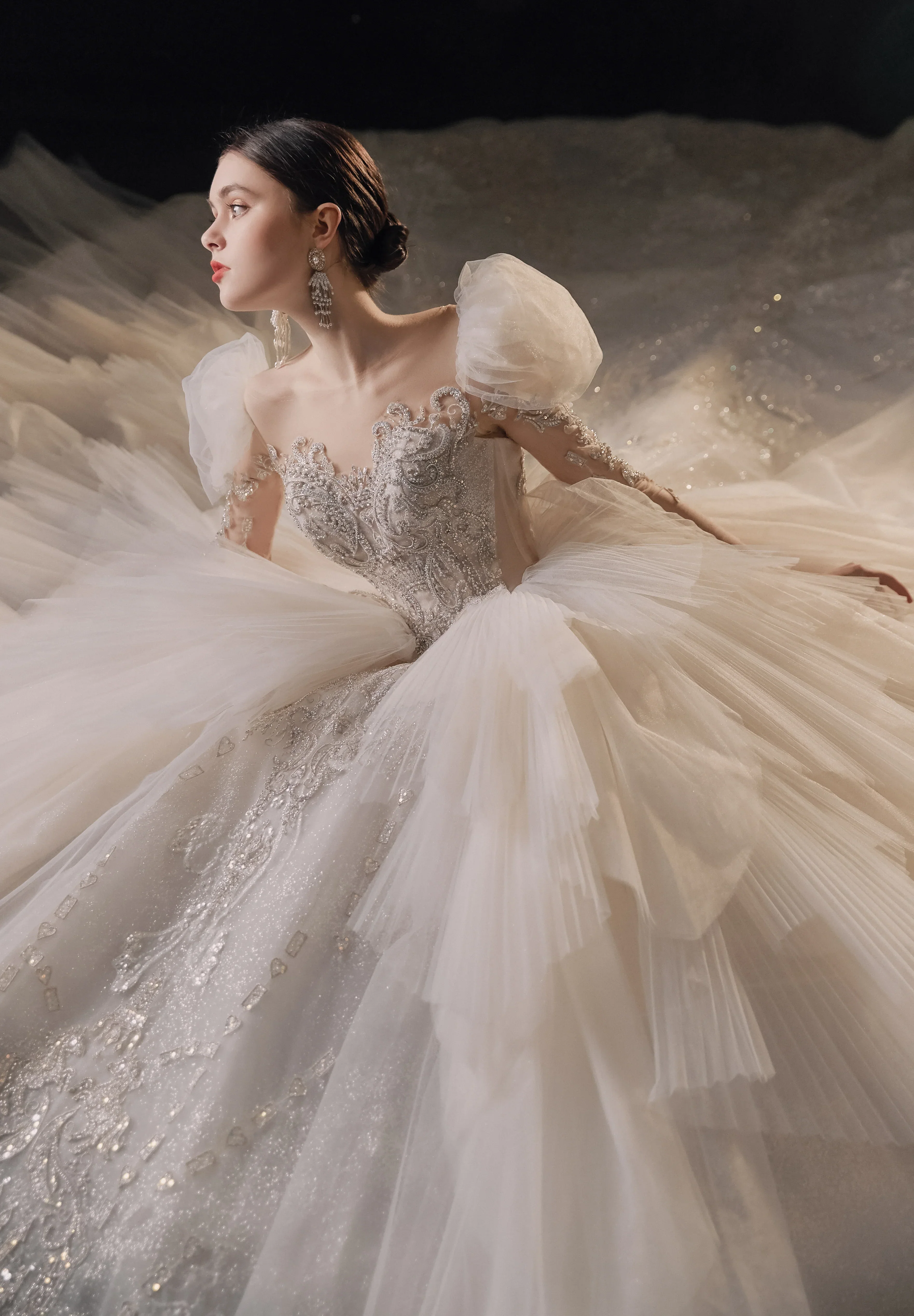 Magnificent Off-the-Shoulder Ball Gown Sweetheart Neckline Tulle Puff Sleeve Beaded Lace Long-Sleeve Wedding Dress with Layered Train E-301 - Image 3