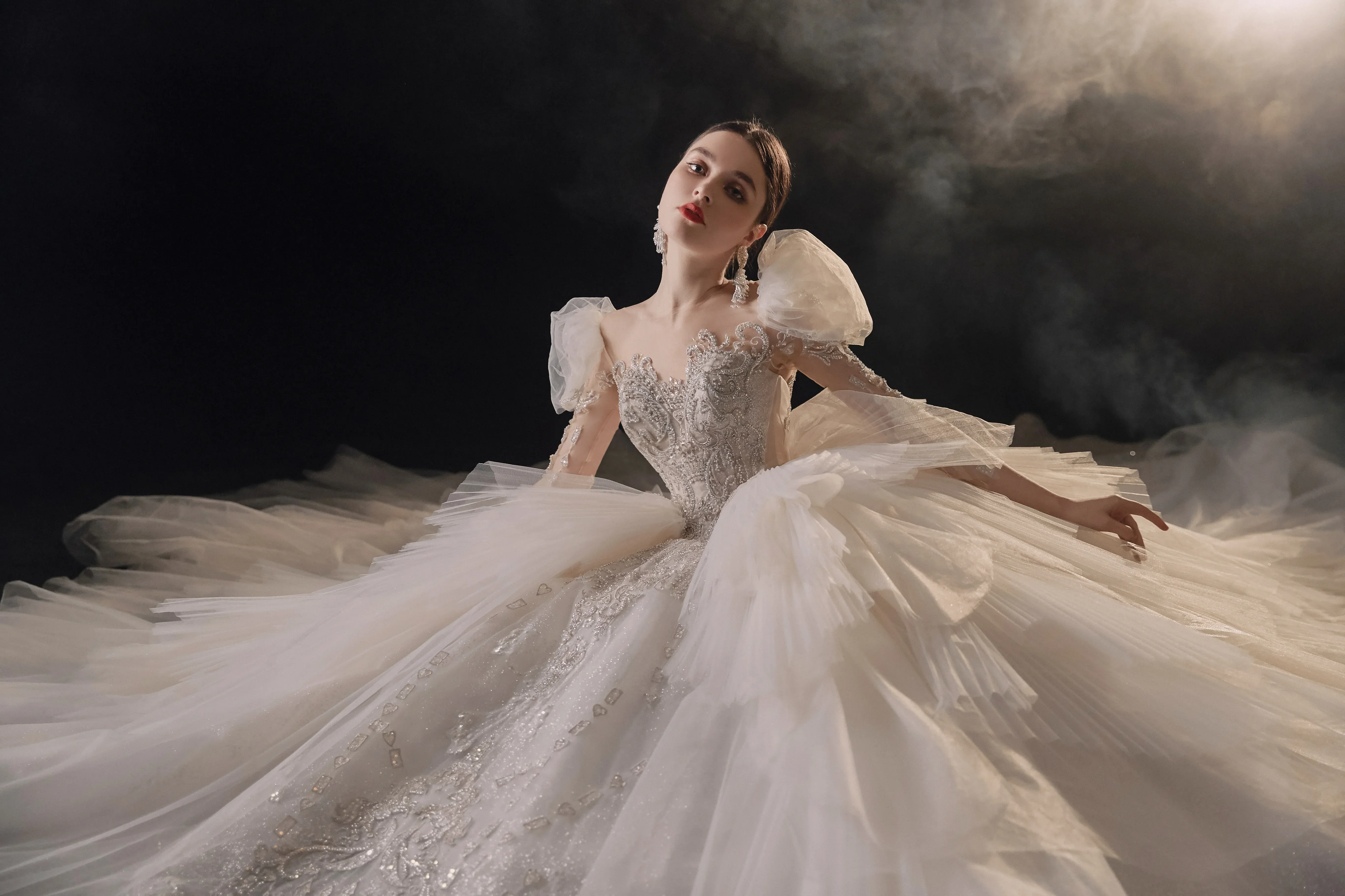 Magnificent Off-the-Shoulder Ball Gown Sweetheart Neckline Tulle Puff Sleeve Beaded Lace Long-Sleeve Wedding Dress with Layered Train E-301 - Image 4
