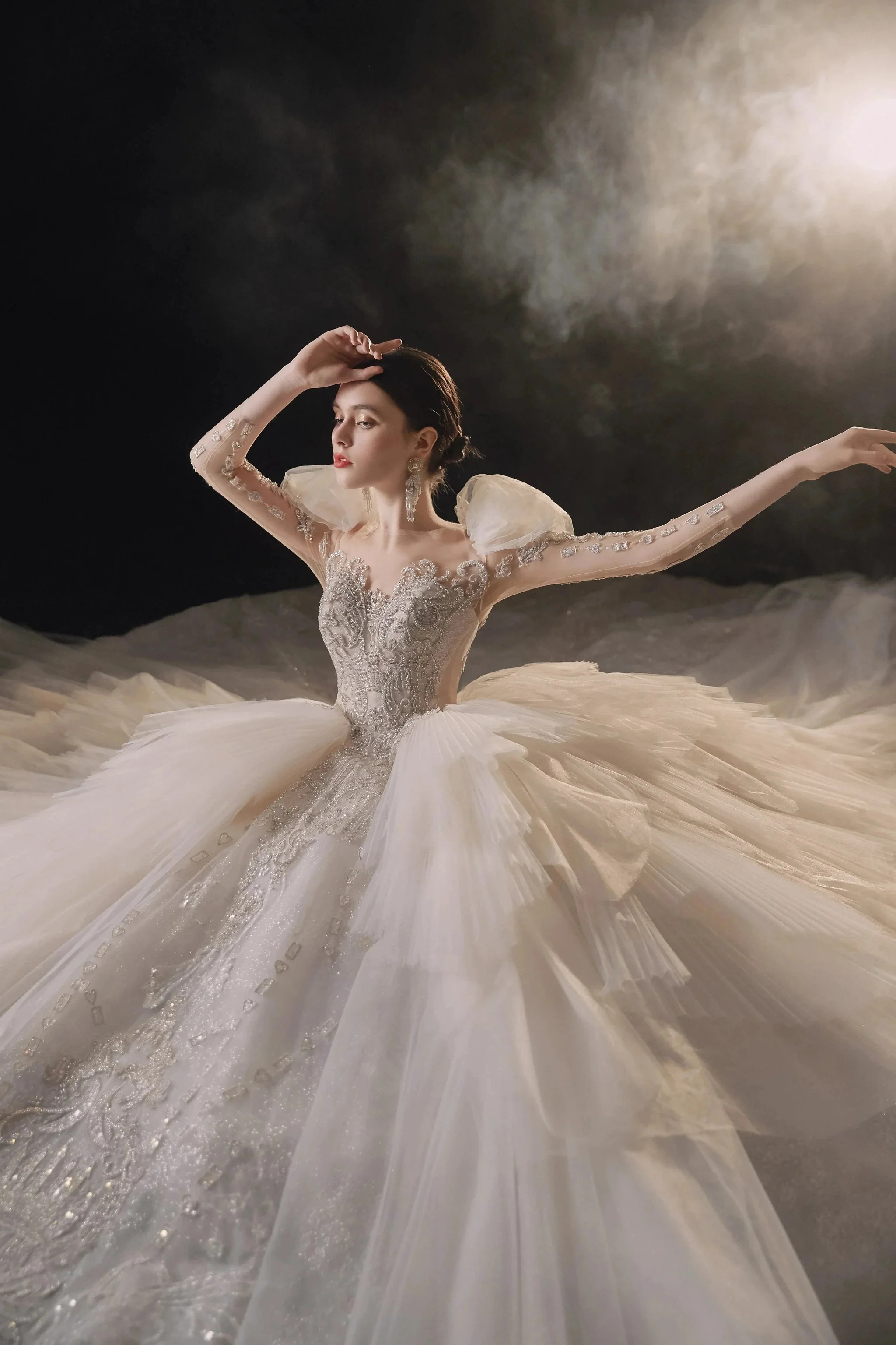 Magnificent Off-the-Shoulder Ball Gown Sweetheart Neckline Tulle Puff Sleeve Beaded Lace Long-Sleeve Wedding Dress with Layered Train E-301 - Image 5