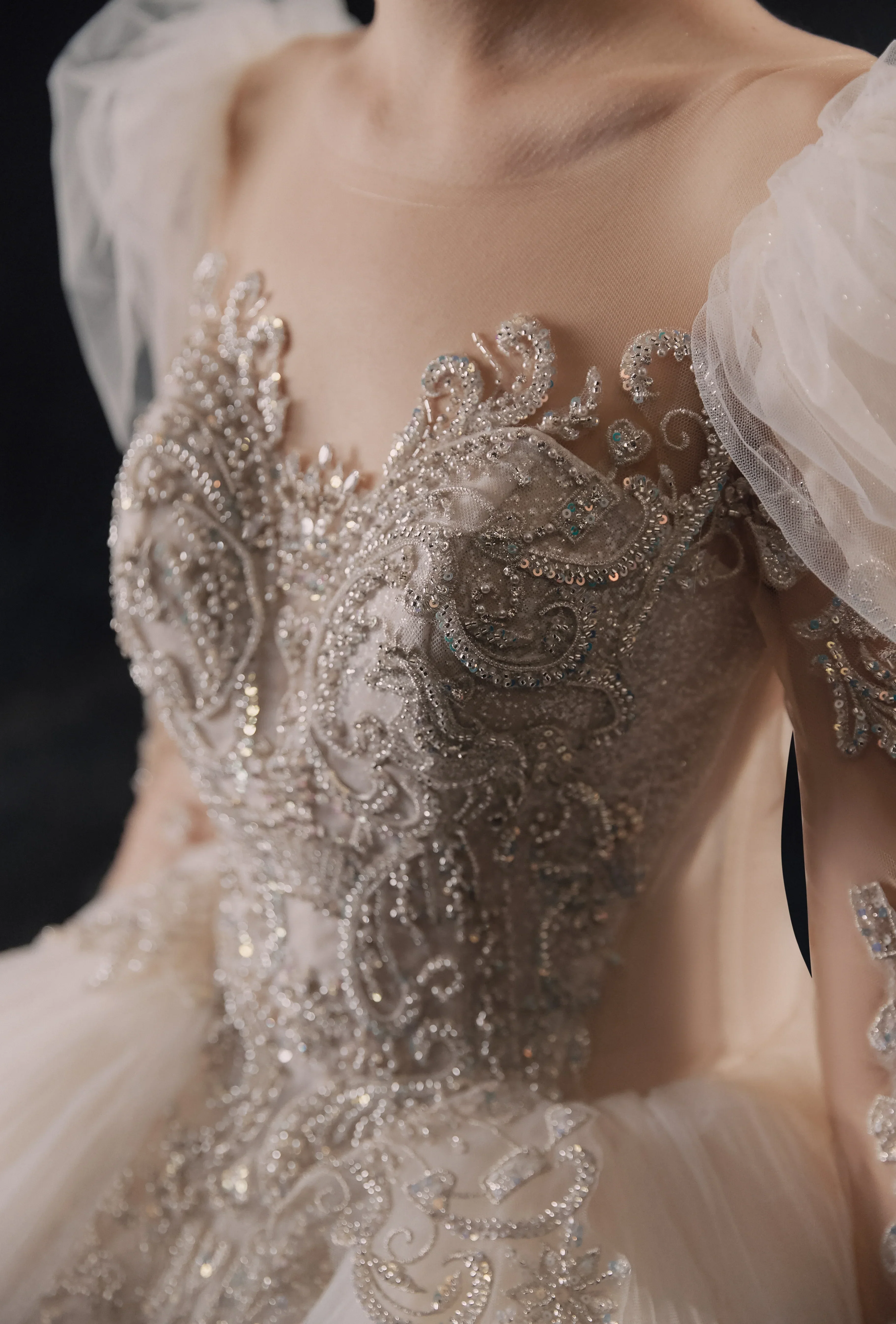 Magnificent Off-the-Shoulder Ball Gown Sweetheart Neckline Tulle Puff Sleeve Beaded Lace Long-Sleeve Wedding Dress with Layered Train E-301 - Image 6