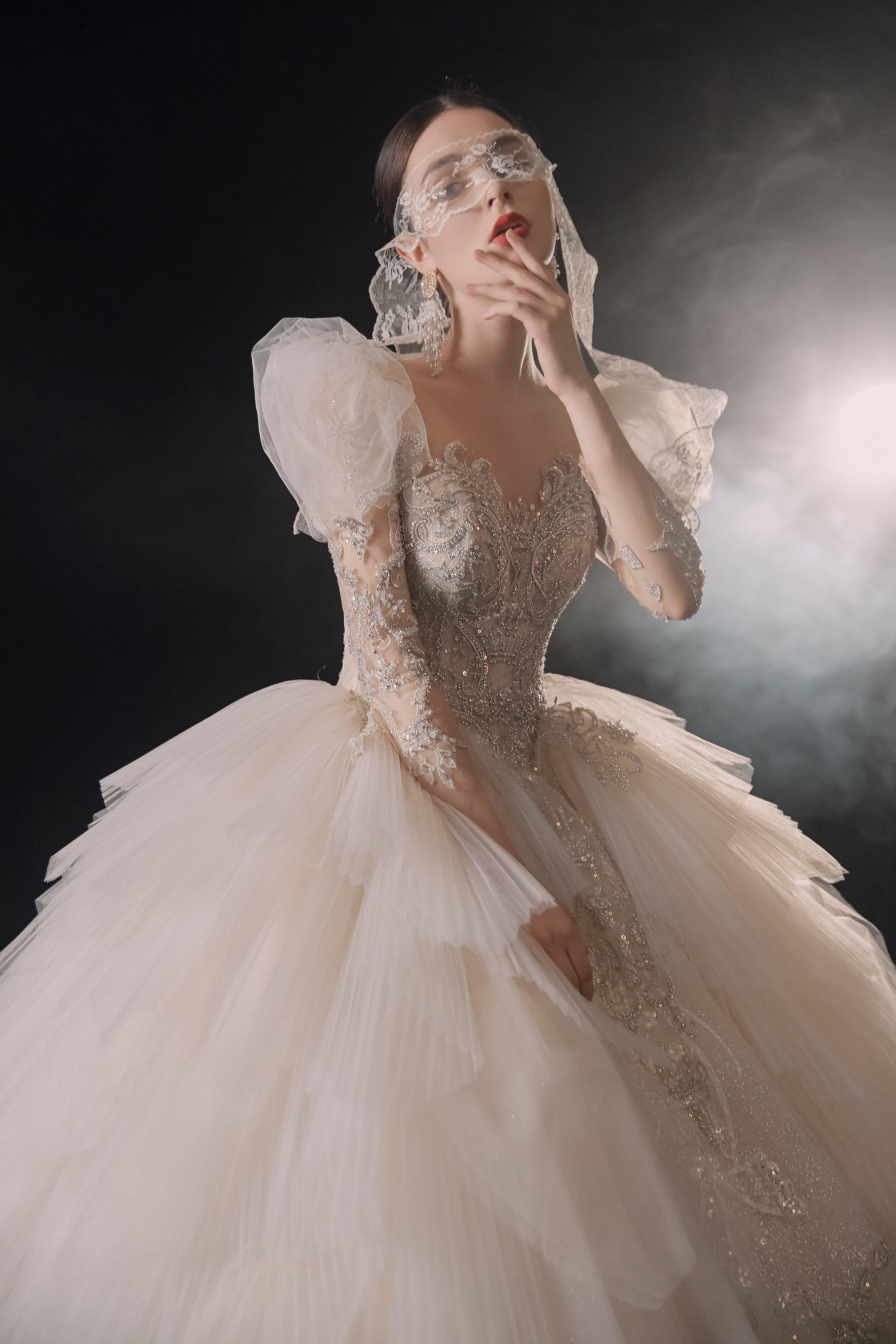 Magnificent Off-the-Shoulder Ball Gown Sweetheart Neckline Tulle Puff Sleeve Beaded Lace Long-Sleeve Wedding Dress with Layered Train E-301 - Image 7