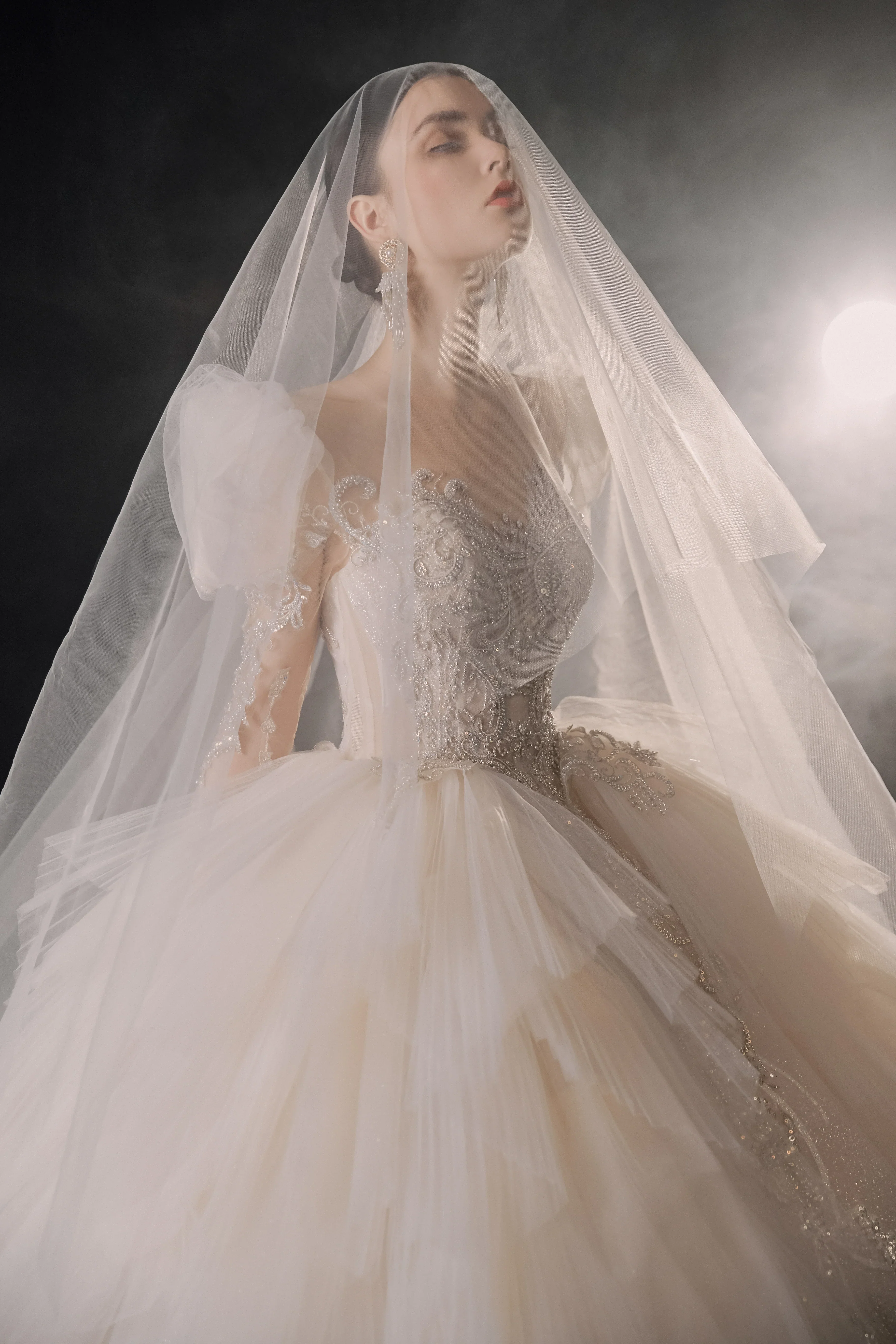 Magnificent Off-the-Shoulder Ball Gown Sweetheart Neckline Tulle Puff Sleeve Beaded Lace Long-Sleeve Wedding Dress with Layered Train E-301 - Image 8