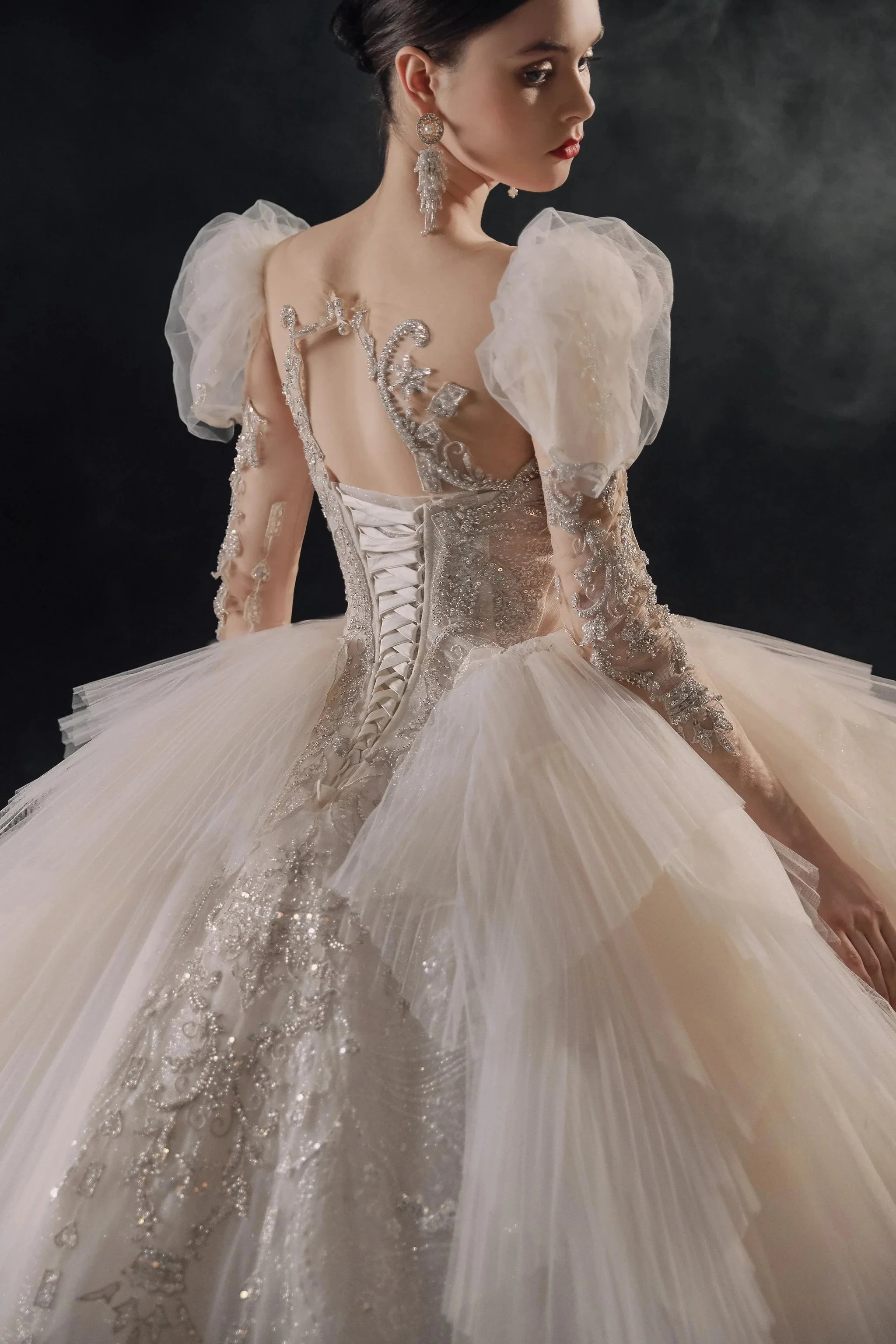 Magnificent Off-the-Shoulder Ball Gown Sweetheart Neckline Tulle Puff Sleeve Beaded Lace Long-Sleeve Wedding Dress with Layered Train E-301 - Image 9