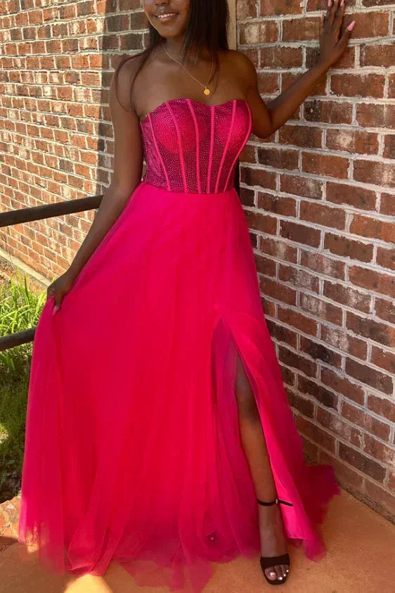 Abysmal | A-Line Strapless Beads Empire-Waist Sleeveless Prom Dress With Slit - Image 2