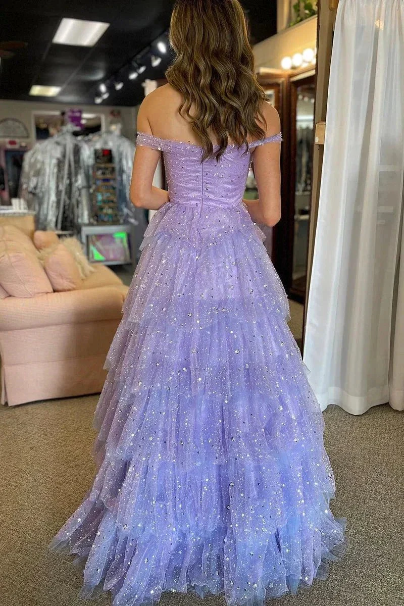 Acadia | A-Line Off the Shoulder Ruffle Tiered Tulle Long Prom Dress - Image 2