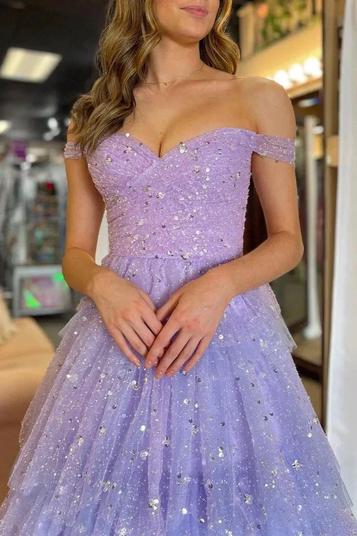 Acadia | A-Line Off the Shoulder Ruffle Tiered Tulle Long Prom Dress - Image 3