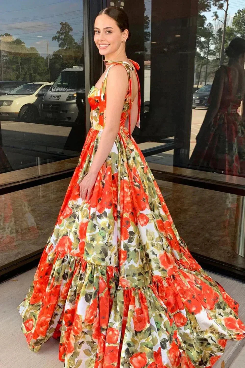 Adara | A-Line Floral Printed Satin Sweetheart Long Prom Dresses - Image 2