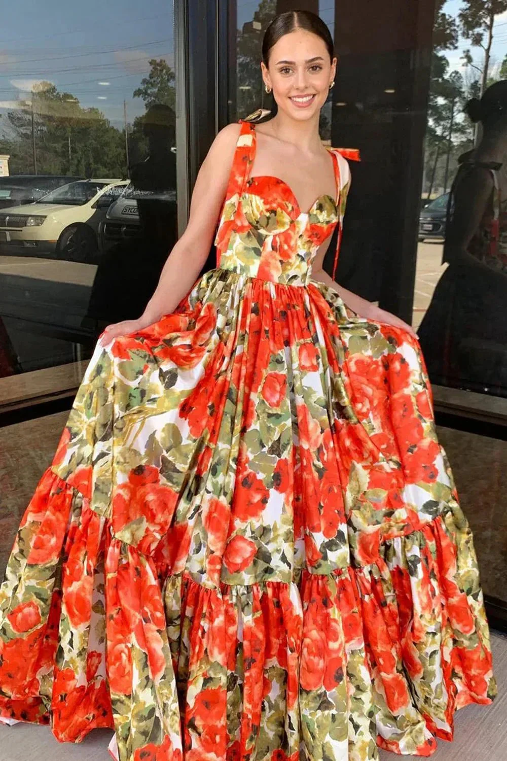 Adara | A-Line Floral Printed Satin Sweetheart Long Prom Dresses - Image 3
