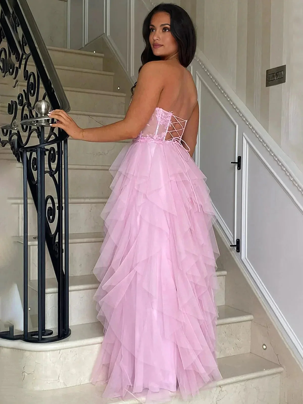 Adella | A-Line Tulle Blush Tiered Long Corset Strapless Prom Dress with Appliques - Image 2